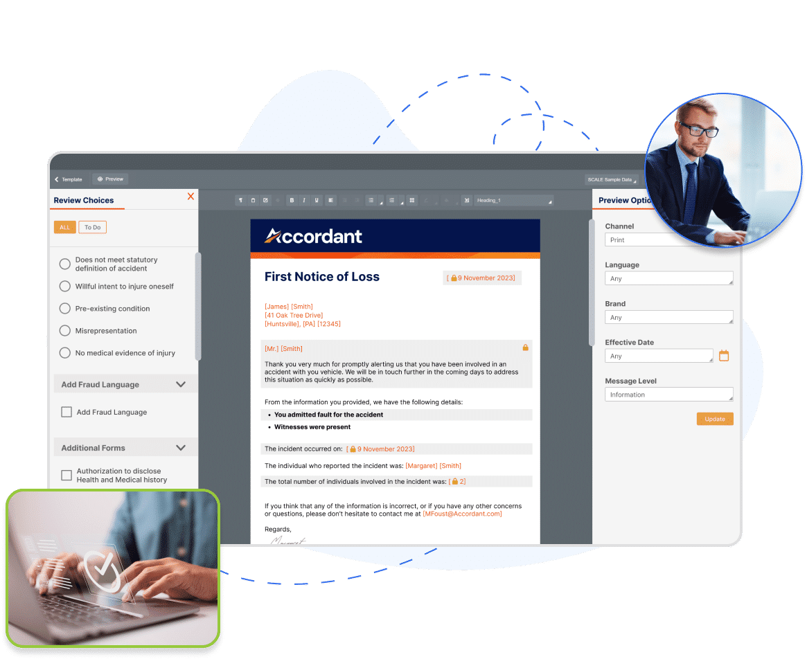 Stylized Product Screen illustrating SmartCOMM as a global communications compliance tool.